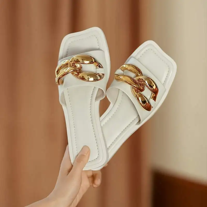 

Krazing Pot big size cow leather summer shoe low heels peep toe outside slippers slip on slides chain casual solid concise mules