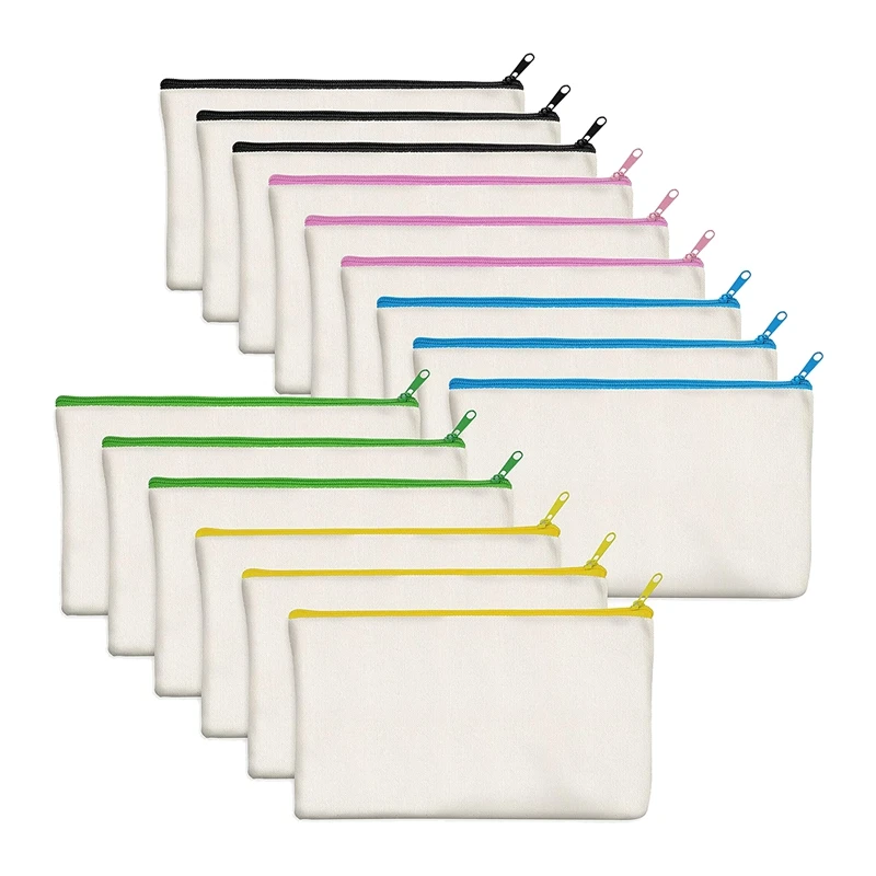 15 Pack Blank ผ้าใบ DIY Craft ซิปกระเป๋าดินสอสำหรับเครื่องสำอางค์เครื่องเขียน Storage