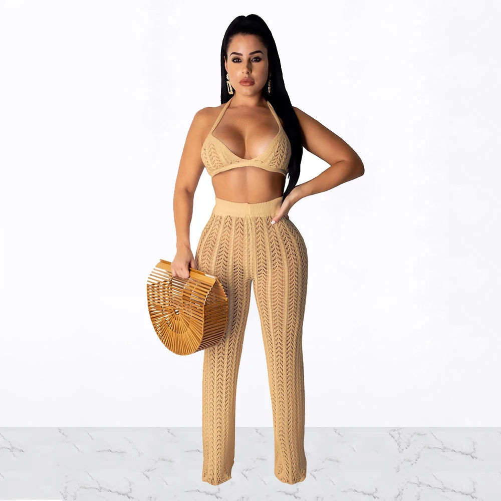 

Sexy Casual Outfits Women Backless Top Wide Leg Pants Striped Perspective Hollow Out 2pc Set Knitted Matching Sets Tracksuits
