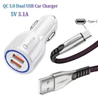 Автомобильное зарядное устройство USB Type-c, 30 Вт, QC 3,0, светодиодный кабель для быстрой зарядки для OnePlus 3, 5, 6, 7, 6T, 7T Pro, LG G5, G6, V20, V30, K40S, K50S