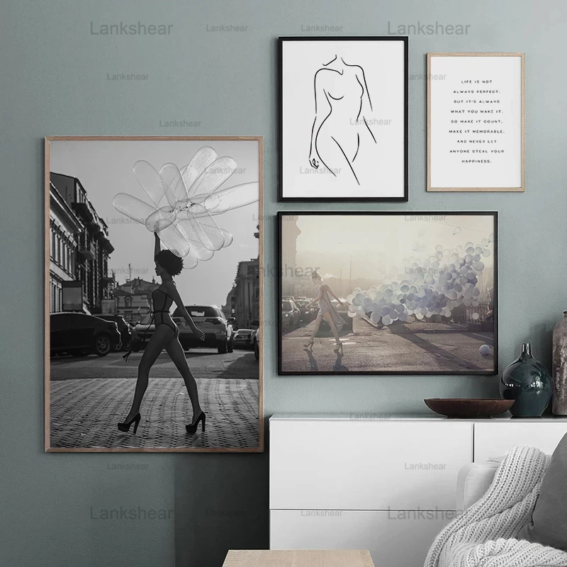 

Canvas Posters Women Body Line Balloon Nordic Black White Wall Art Print Painting Decoration Pictures for Living Room Home Decor