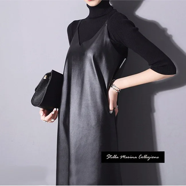 

Spring Summer 2019 New Fashion Women's Wear V-collar PU Women Dress