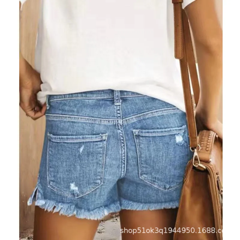 

Weigou Tassel Women Pockets Casual High Waist Cotton Sexy Rave Jean Short Button Denim Shorts