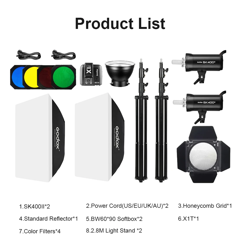 Набор вспышесветильник Godox 800 Вт 2 * SK400II 300Ws с триггером системы X1 и дверью сарая