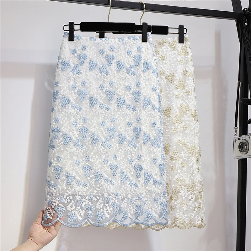 

Vintage Elegant Flower Emboidery Pencil Skirts Retro Women Bodycon Office Work Skirts Saias Knee Length