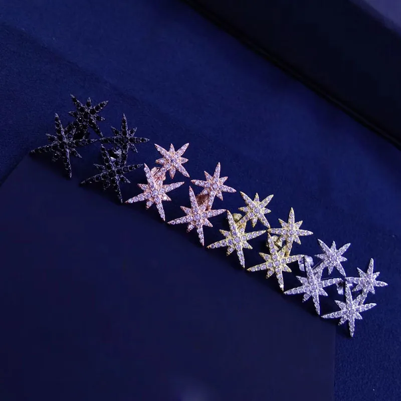 SLJELY Fashion Real 925 Sterling Silver Black Rose Gold 4 Colors Double Fine Stars Zirconia Stud Earrings Women Jewelry