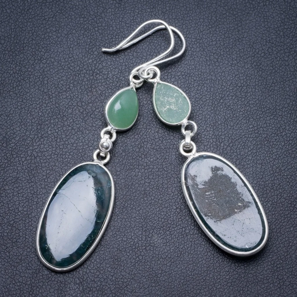 Натуральный моховый агат и хризопраз ручной работы Уникальные 925 пробы