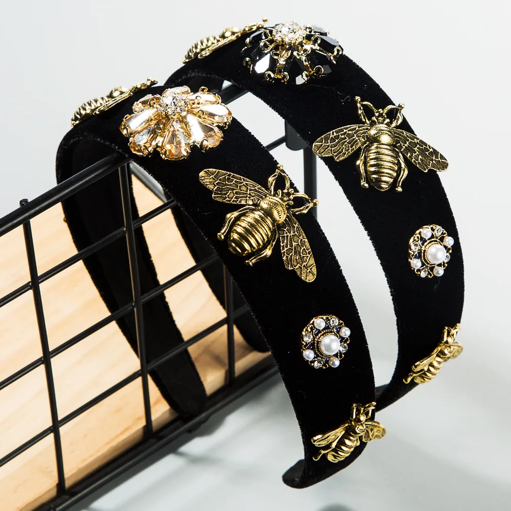Ретро бархатные повязки для женщин пчела жемчужный обруч волос черный барочный