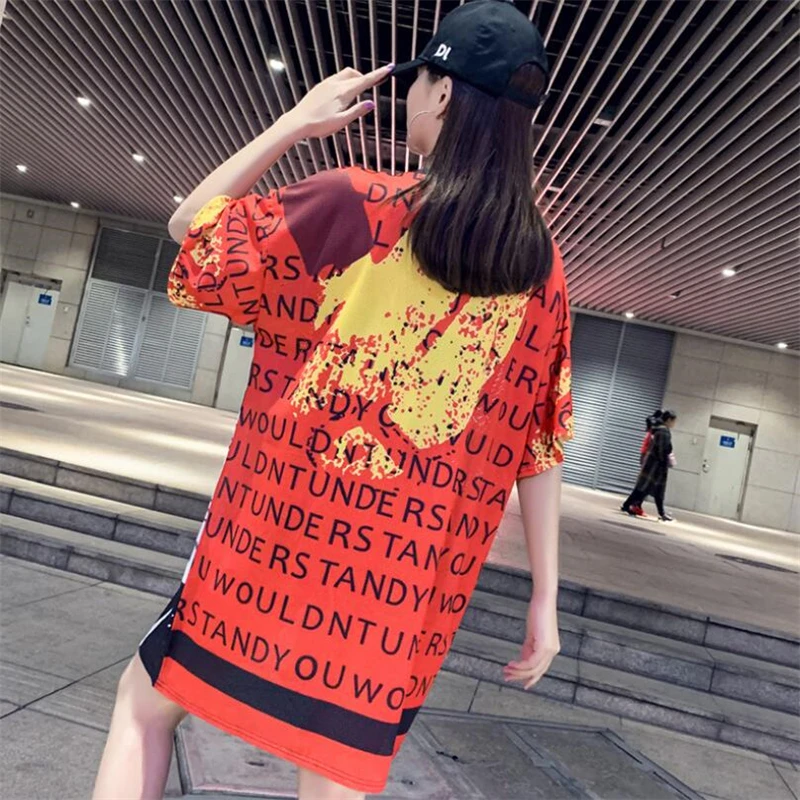 

Women Summer Fashion letter print mesh breathable dress Vestido Casual Plus Size Ladies Loose T-shirt Dress sexy beach dresses