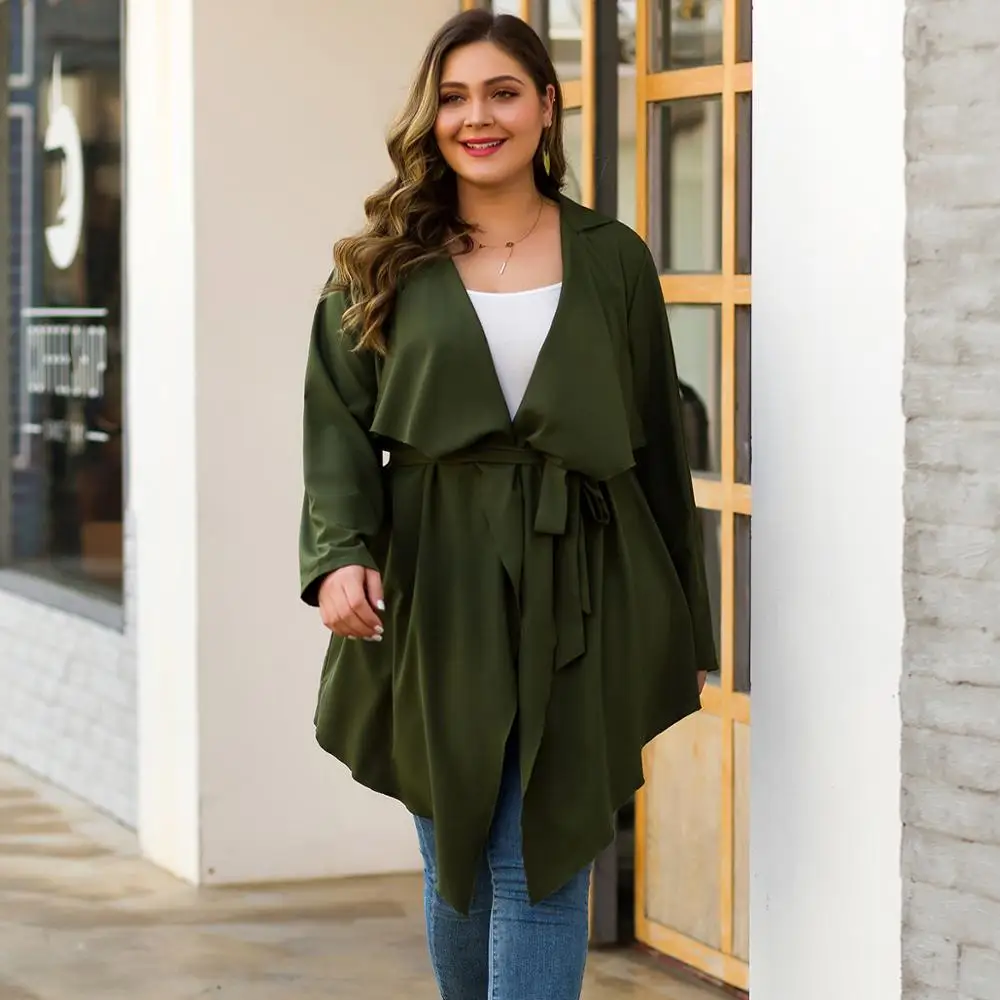 WHZHM куртки и пальто с поясом женские зеленые однотонные отложным воротником