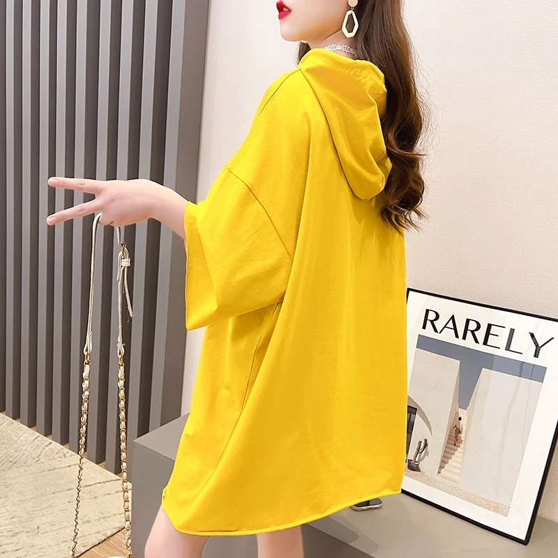 

Pure Cotton 2021 Summer New Style Loose Hooded Mid-Length Short Sleeve Hoodie Versatile Top Women's T-shirt Fashion for Plump