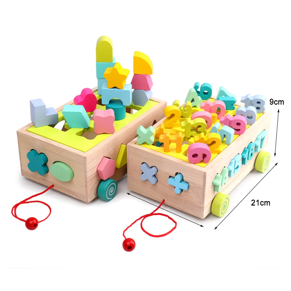 

Wooden Pull Along Car Colorful Number Shape Blocks Pairing Education Kids Toy Early Learning toys Cognitive Gift For Toddler