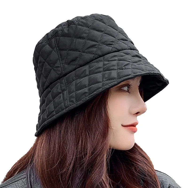 

New Women Autumn Winter Foldable Bucket Hats Solid Lattice Silk Wadding Caps Keep Warm Prevent Cold Basin Fisherman Hat