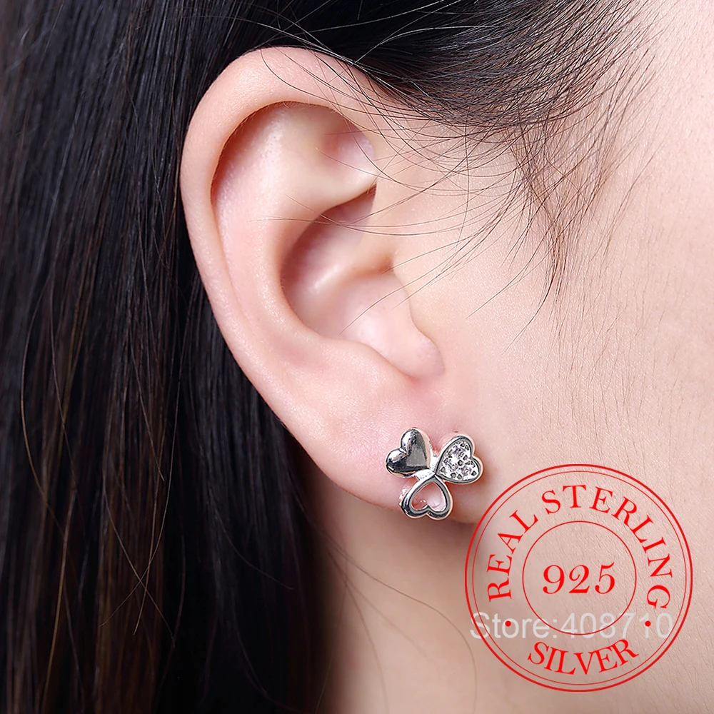 Минималистичные серьги гвоздики в виде клевера из настоящего стерлингового