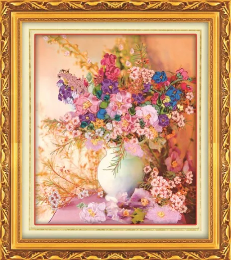 

3D rose flower vase Ribbon embroidery oil painting set floral kits handcraft cross-stitch DIY handmade needlework wall art decor