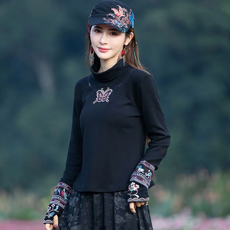 Топ в китайском стиле для девушек из леса Готическая винтажная черная водолазка