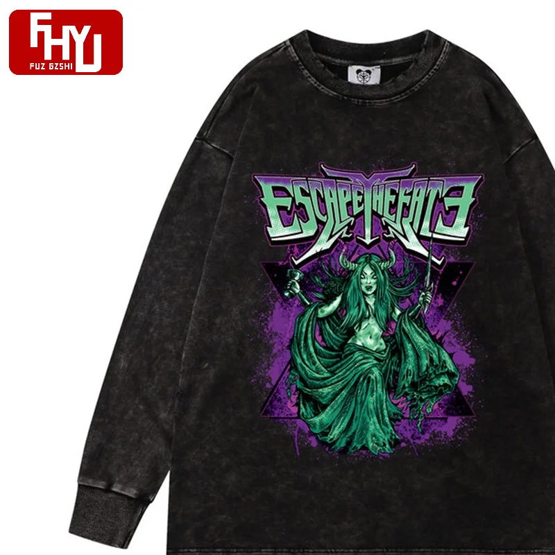 

Streetwear Mens Edgy Punk Cotton Tshirt Green Witch Letter Print Autumn Tops Tees Women Hip Hop Loose Long Sleeve T Shirt WY21
