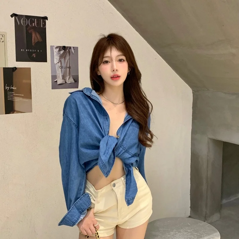 Blue Denim Shirt Women's Polo Collar Mid-length Long Sleeve Coat Autumn Winter Loose Lazy Style Casual Top Rac | Женская одежда