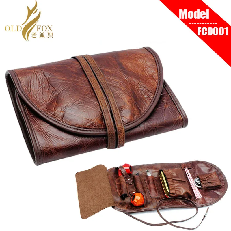 OLDFOX  Kraft first layer Leather Smoking Tobacco Pipe Pouch Bag Organize Case Pipe Tool lighter Holder Pocket for 2 pipe fc0001