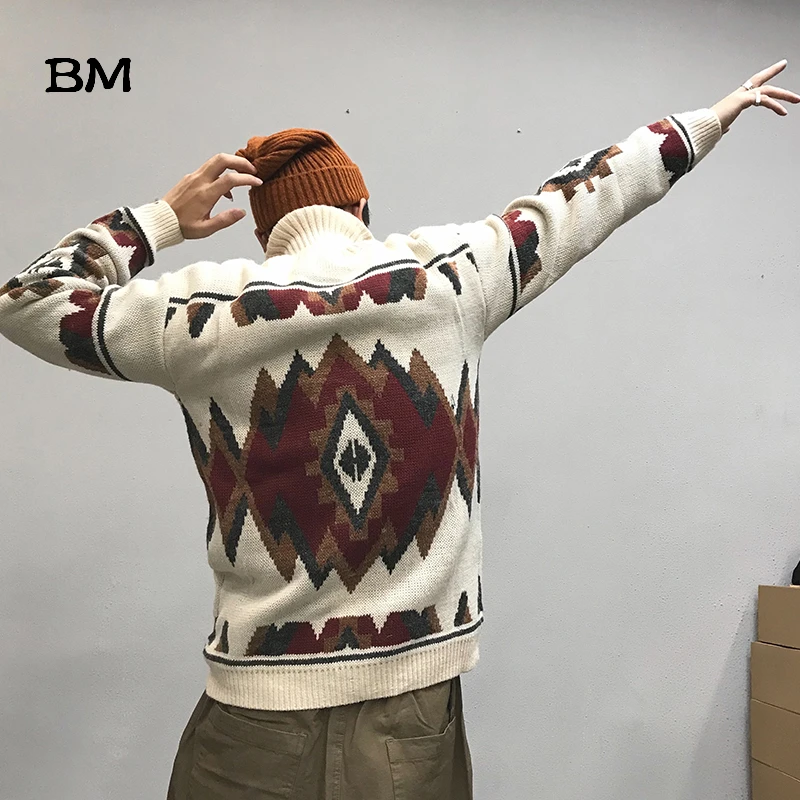 Высокое качество геометрический жаккардовый свитер с высоким воротом Мужская