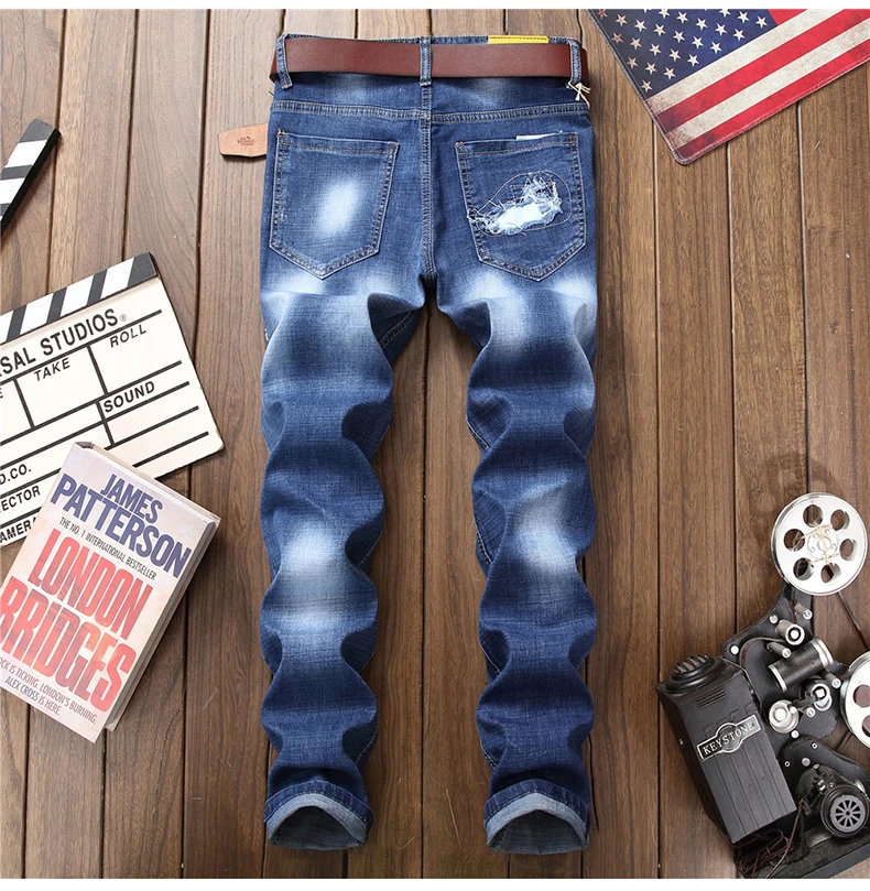 Мужские джинсы с нашивками в виде американского флага Синие рваные дырками