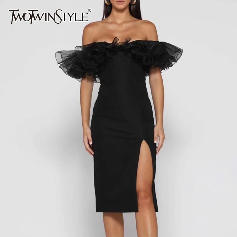 Платье с открытыми плечами TWOTWINSTYLE Сетчатое миди платье вырезом лодочкой высокой