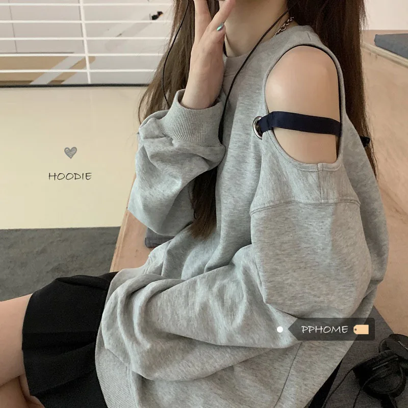 

Women Tops Strapless Design Thin Autumn 2021 Lady Clothing Loose Korean Style Long Sleeve Solid Grey Color Young Girl Tops