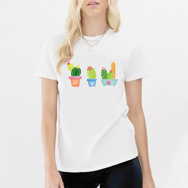 

Tees Women Cactus Plant Flowers Printed T Shirt Funny Cartoon Short Sleeves Girl Casual Cool Streetwear Tops