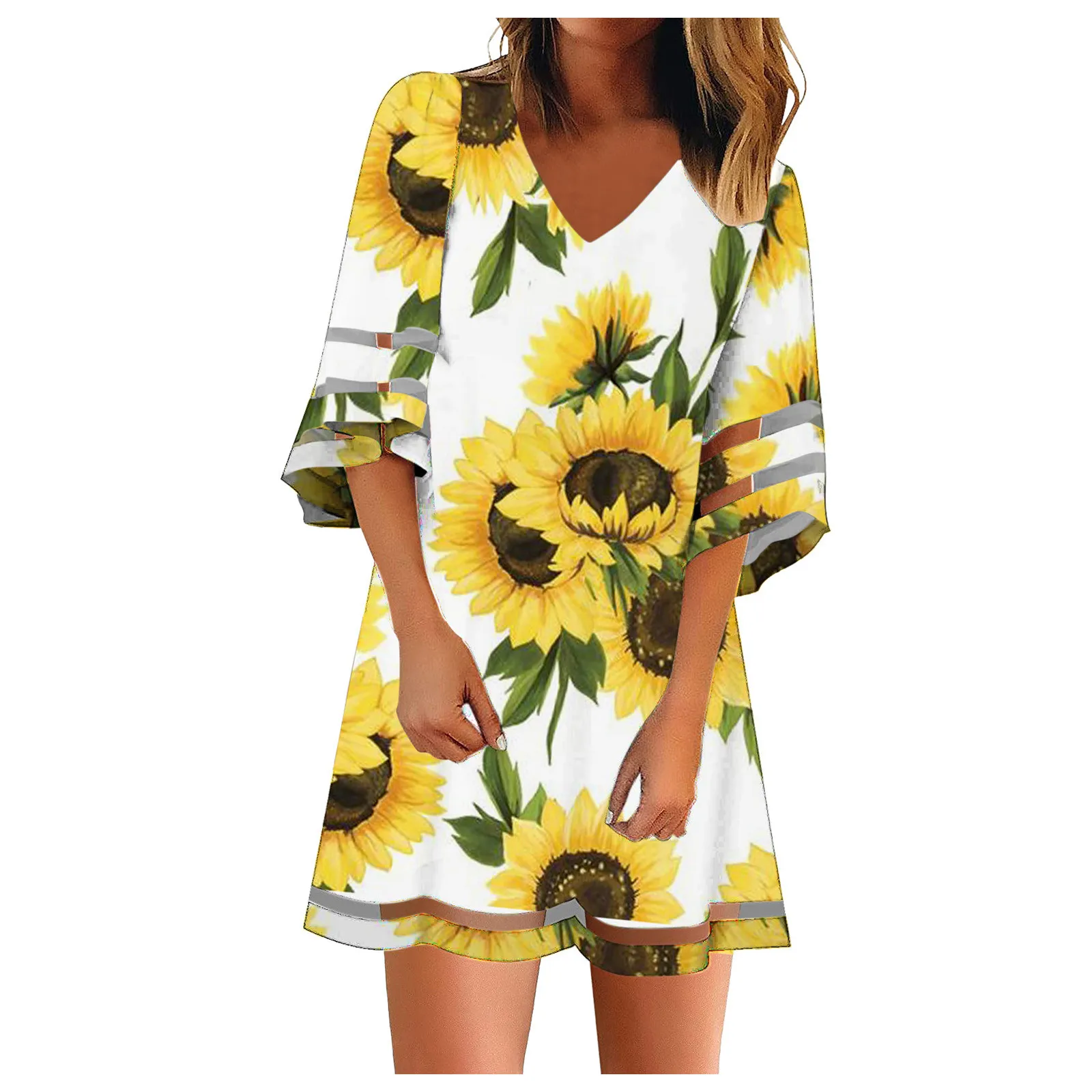 

Summer Loose Beach Dress 2021 Women Casual Crewneck Mesh Patchwork 3/4 Bell Sleeve Loose A-line Tunic Dress
