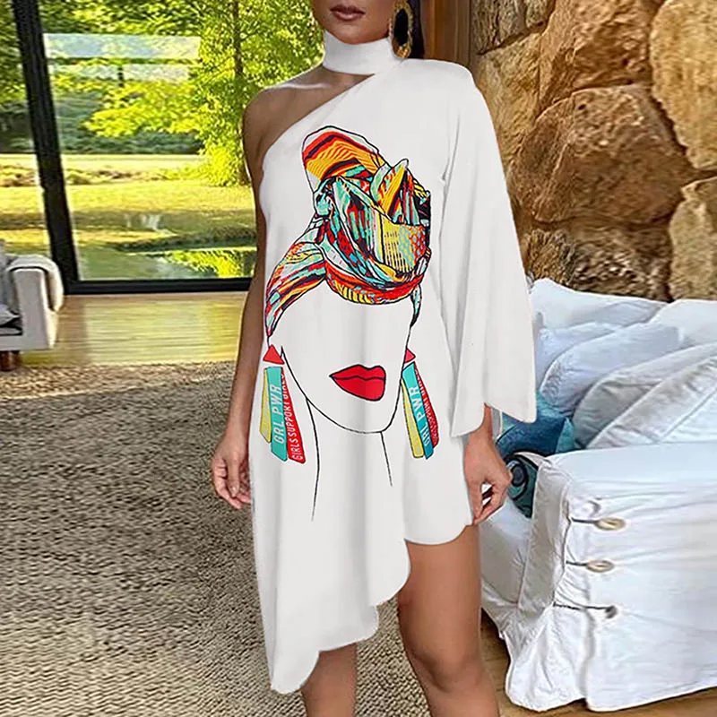 

Autumn Vintage Women's Irregular Dress Sexy Halter One-shoulder Club Party Dress Elegant Long Sleeve Peacock Print Dress Vestido