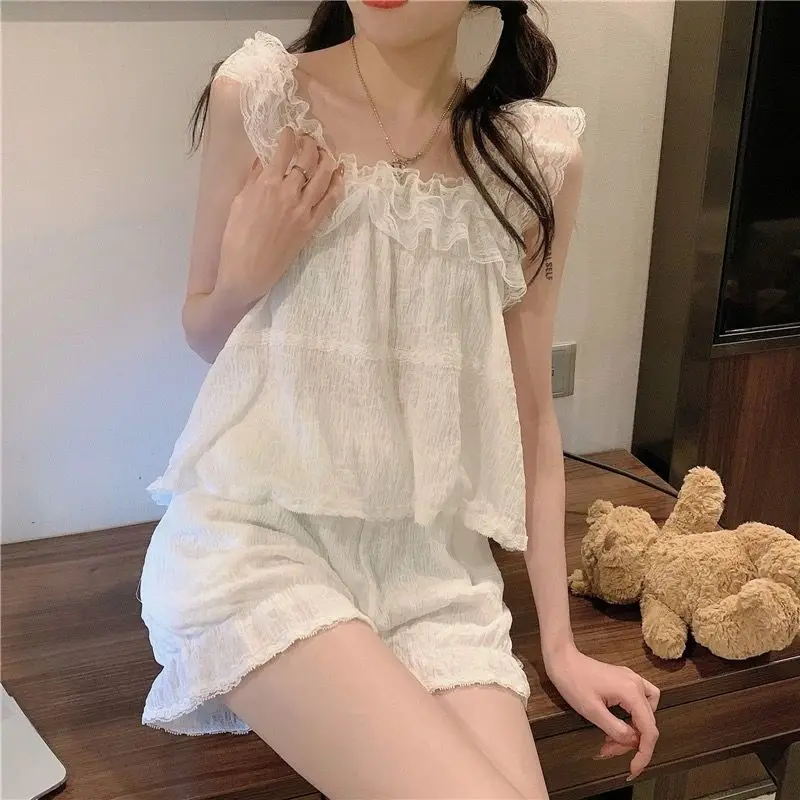 

Summer Cute Pajama Suit Suspender Lace Sleepwear Two Piece Suit Home Clothes For Women