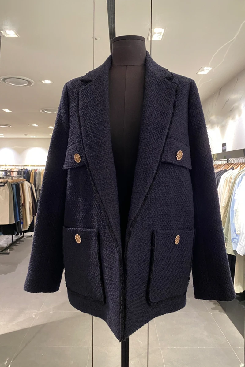 

2021 New Autumn and Winter Ladies Woven Tweed Multi-pockets Pure Color Suit Jacket Women Woolen Coat Blazer