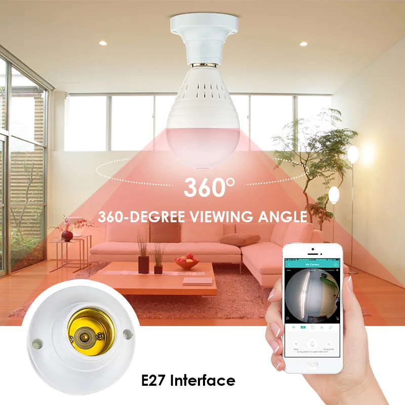360 градусов панорамный рыбий глаз Беспроводной IP Wifi ночное видение E27 лампа P2P