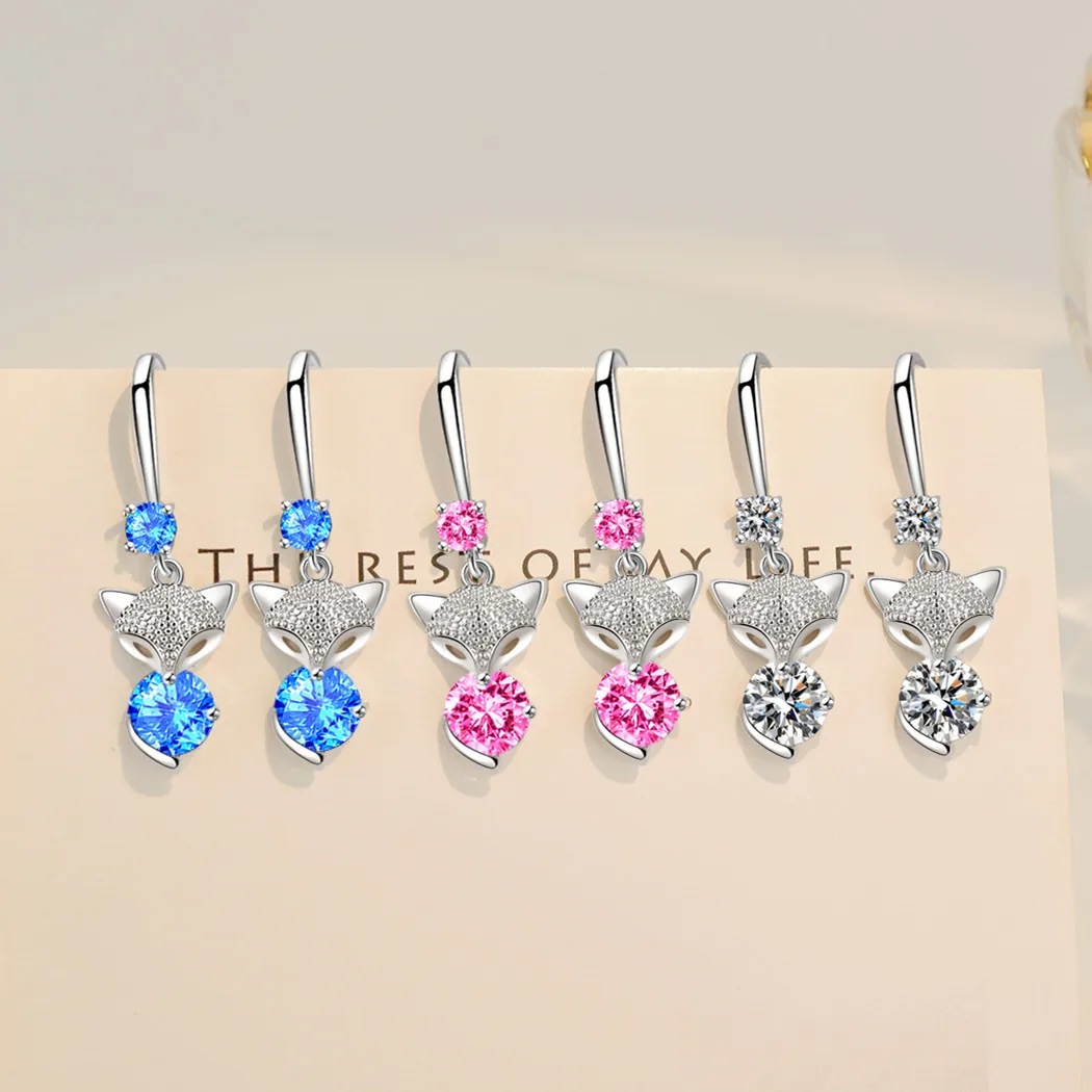 

Luxury Female Pink Blue White Stone Earrings Silver Color Long Drop Wedding Earrings Vintage Small Fox Animal Earrings For Women