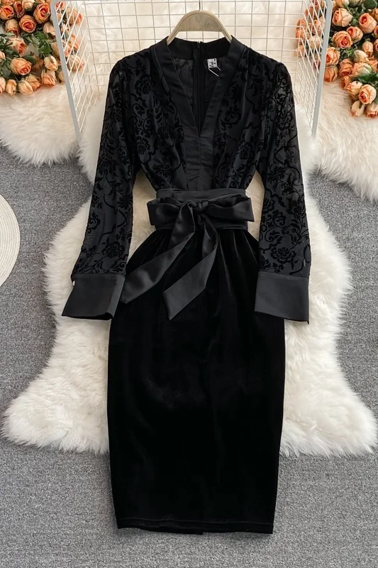 

Autumn new high-end light luxury celebrities lace up lace splicing slim temperament Hip Wrap Dress dress women