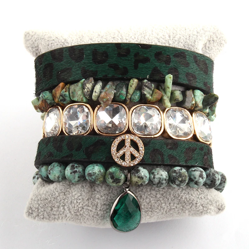 

MD New Designer Peace leopard Bracelet Set Natural Stone 5pc Wrap Bracelets Sets For Women Fashion Jewelry DropShipping