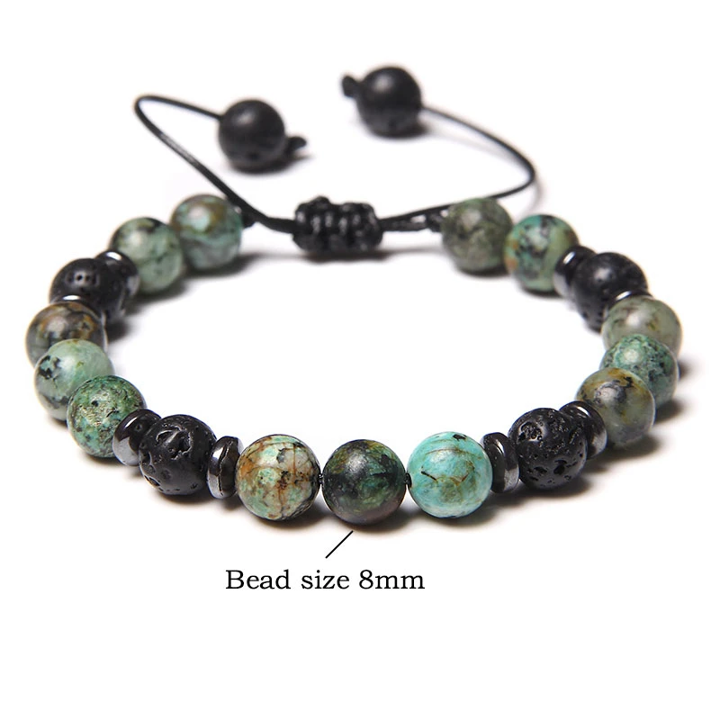 

Adjustable Black Rope Bracelets Men Natural 8 mm African Turquois Green Stone Beads Bangle Women Woven Hematite Charm Pulsera