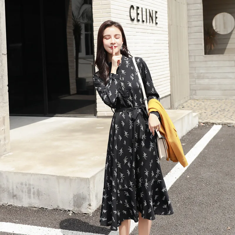 Красивые длинные платья женское модное платье-рубашка с длинным рукавом и бантом