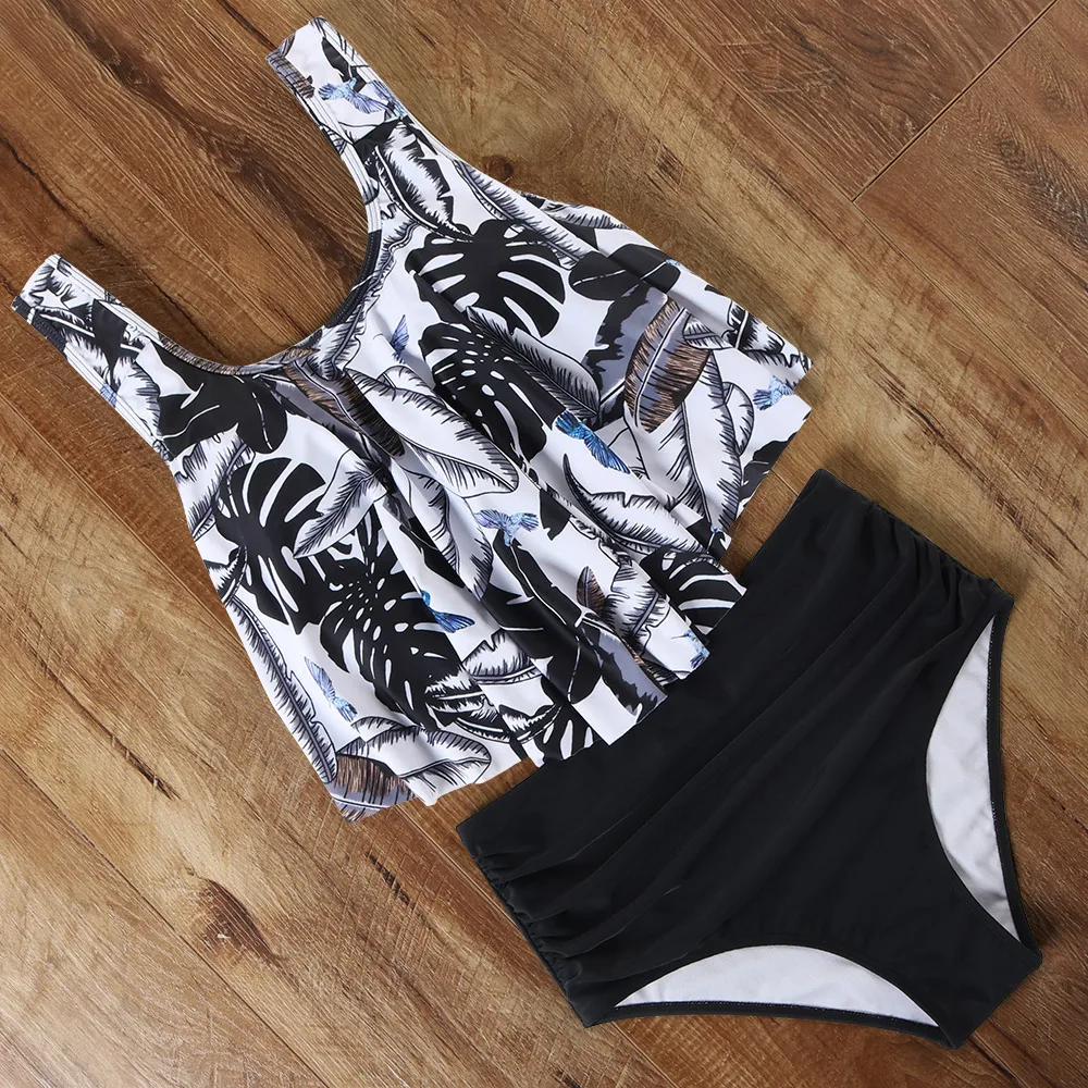 Женский бикини с высокой талией винтажный однотонный купальник-танкини оборками