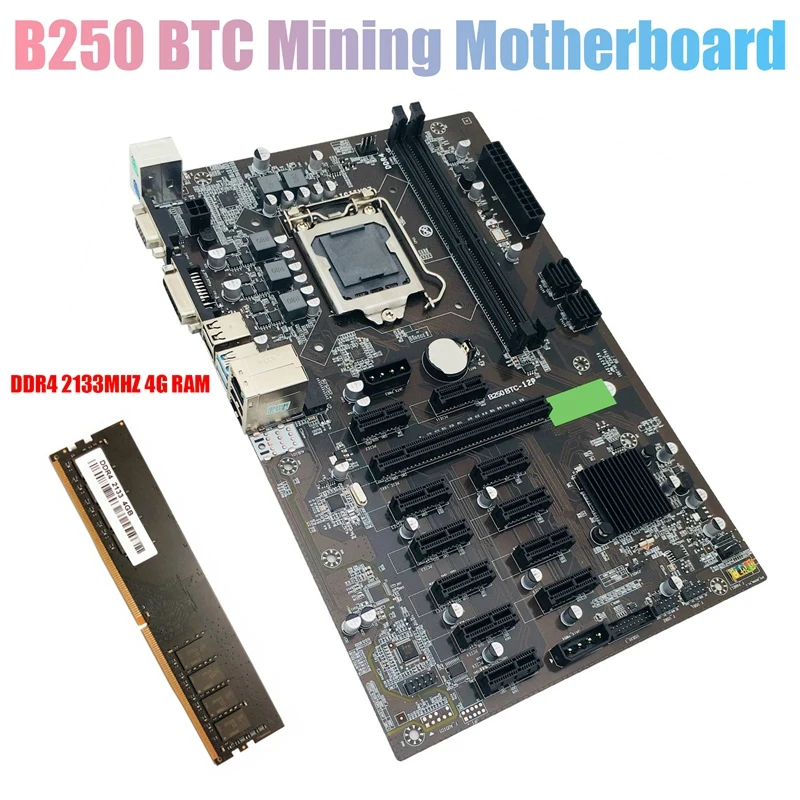 

B250 BTC Mining Motherboard with DDR4 4GB 2133Mhz RAM LGA 1151 12XGraphics Card Slot DDR4 USB3.0 SATA3.0 for BTC Miner