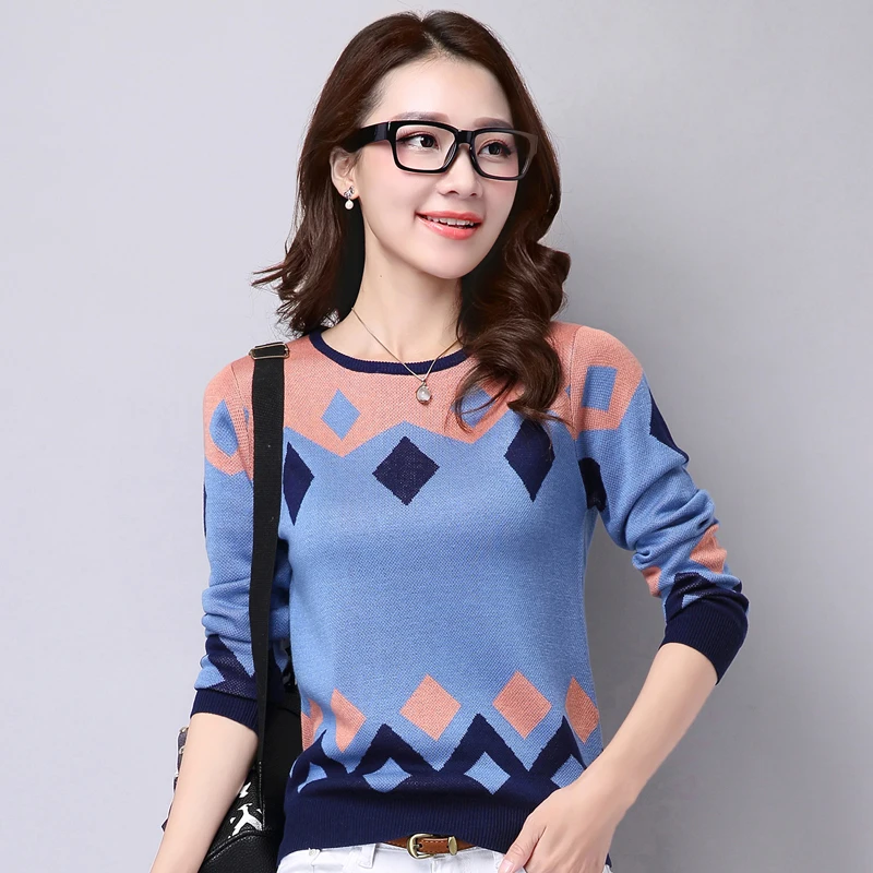 S-3XL Autumn Winter Women Student Korean Sweater Geometric Pattern Knitted Pullover Thick Long Sleeve Casual Tops 61761 | Женская одежда