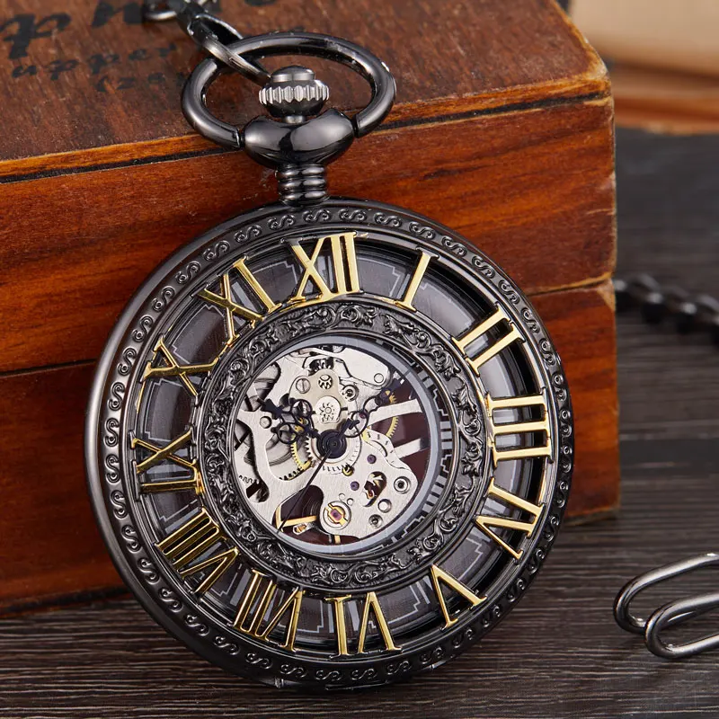 Retro Hollow Skeleton Steampunk Pattern Design Mechanical Pocket Watch Mens  Roman Numerals Hand Wind Fob Chain Clock Male