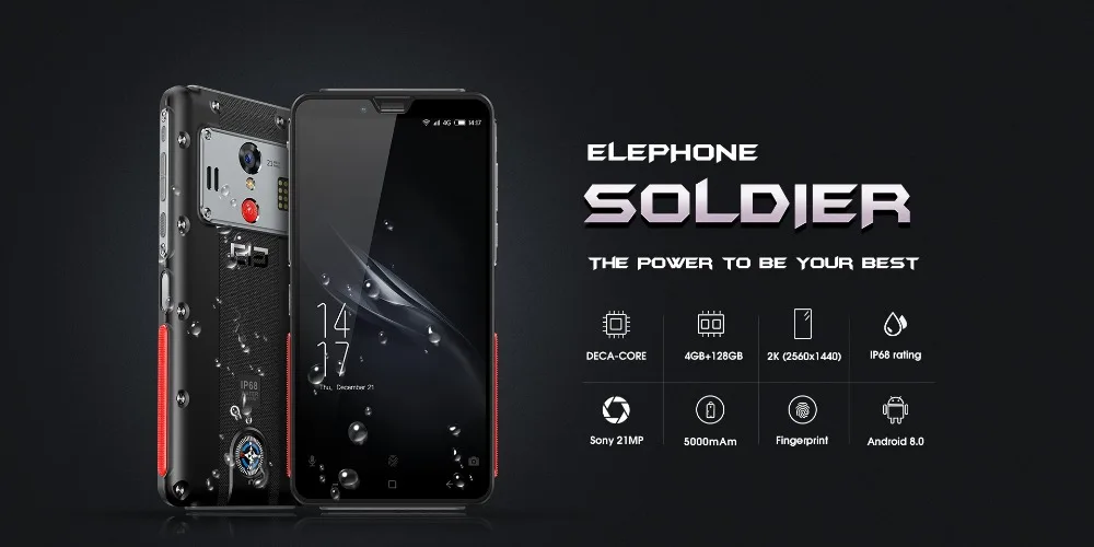 ELEPHONE Soldier смартфон 4 Гб 128 ГБ IP68 Водонепроницаемый 2K экран мобильный телефон Android 8,0 Deca Core 21MP прочный мобильный телефон