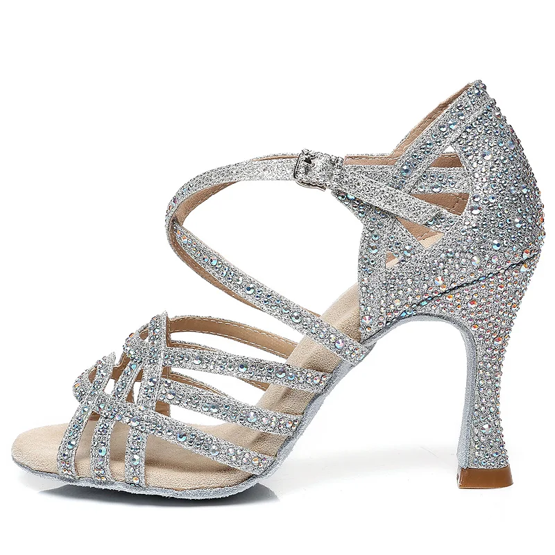 Женские туфли для латинских танцев со стразами бальных с жемчугом на высоком