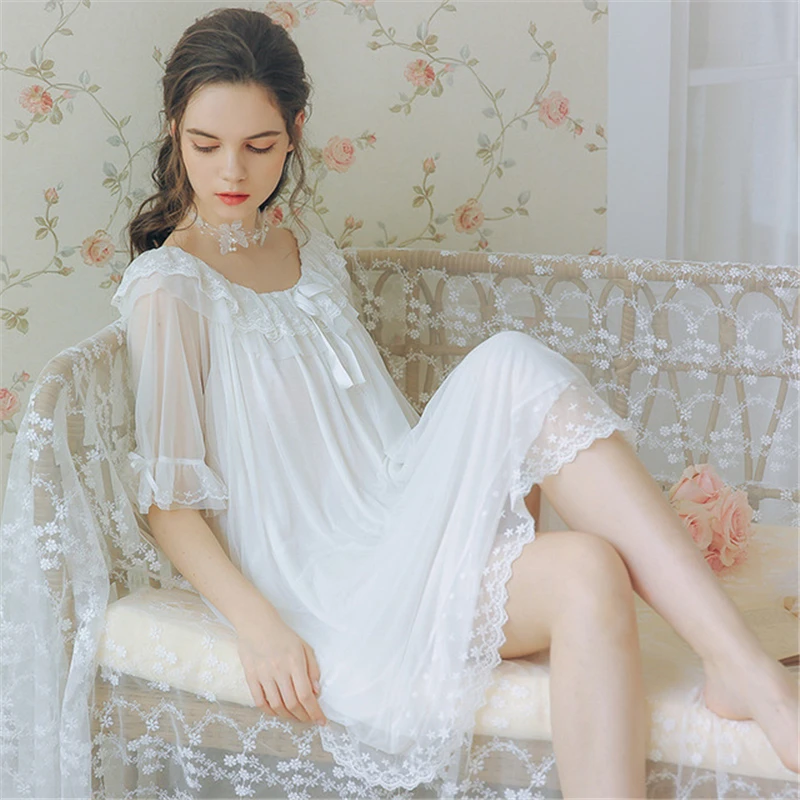 

Дворцовый стиль, ночная рубашка, женский летний кружевной тонкий белый халат, с короткими рукавами, модал, Милая Фея, домашний сервис, женска...