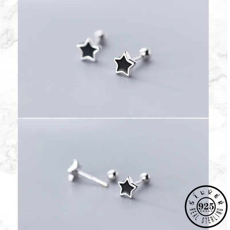 

925 Sterling Silver Small Black Star Shape Earings Rose Gold Color Plated Ear Studs Earrings Fine Jewelry for Women