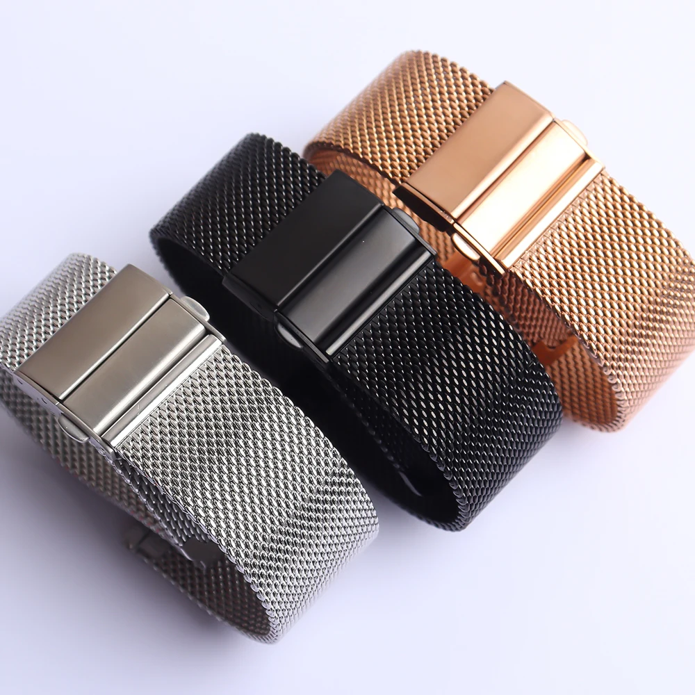 Mesh Milanese Loop Watchbands 16mm 18mm 20mm 22mm Silver Black Bracelet Wrist Watch Band Strap Deployment clasp