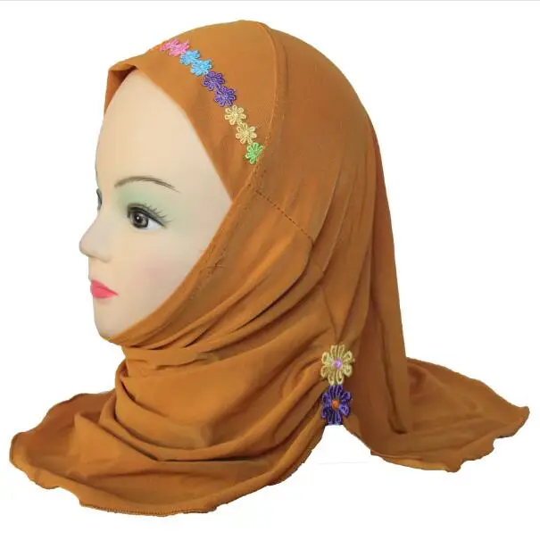 Muslim Hijab Headscarf Islamic Arab Scarf Shawls with Beautiful Flowers for Girls Kids age 2-6 - Цвет: Dark Yellow