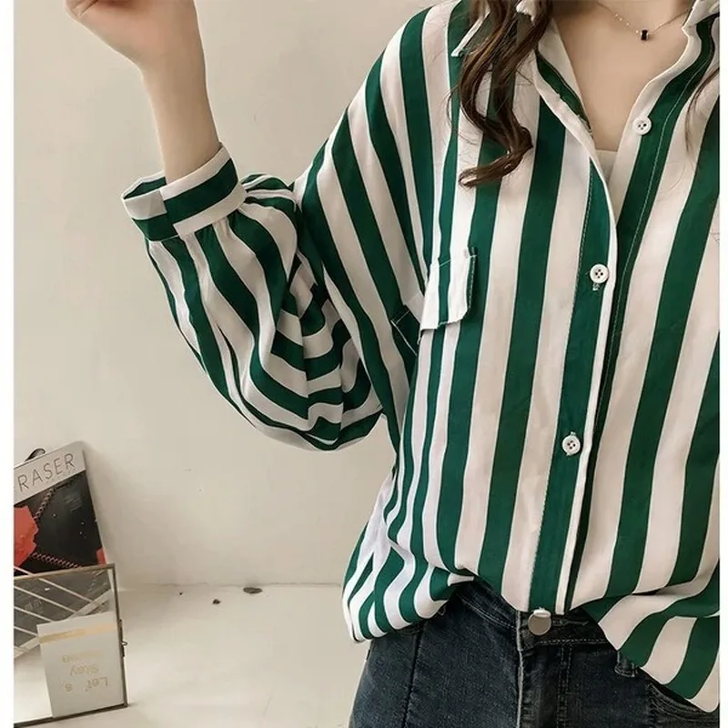 

GOOHOJIO Fashion Striped Women Blouses Long Sleeve Turn-down Collar Chiffon Blouse Shirt Casual Tops Plus Size Elegant Shirts