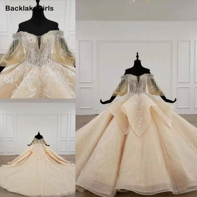 Свадебное платье цвета шампанского с рукавами и открытыми плечами Кружевная